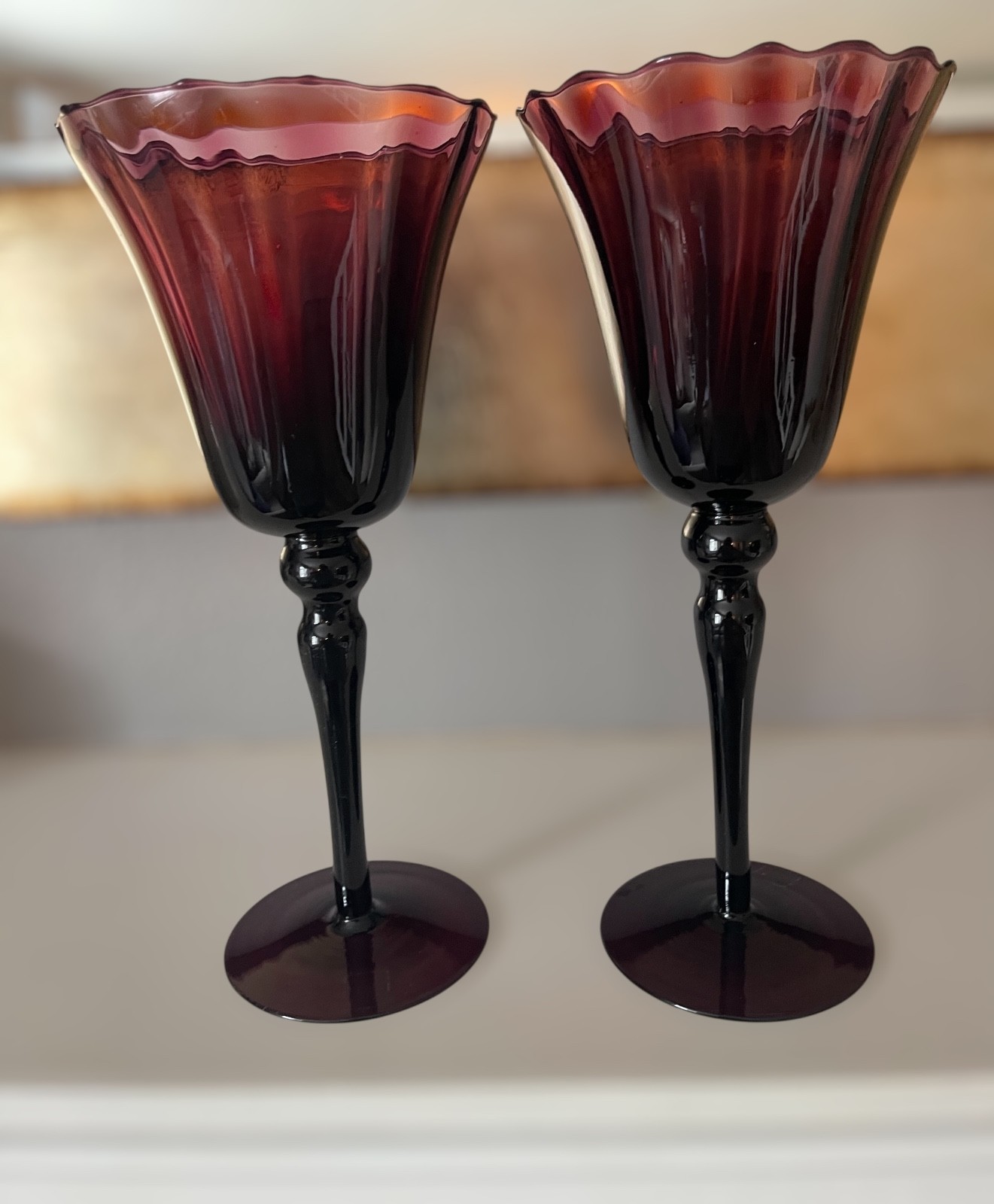 Dark Purple Art Glass 11” Candle Holders by Circleware Set of 2 New in Box VTG
