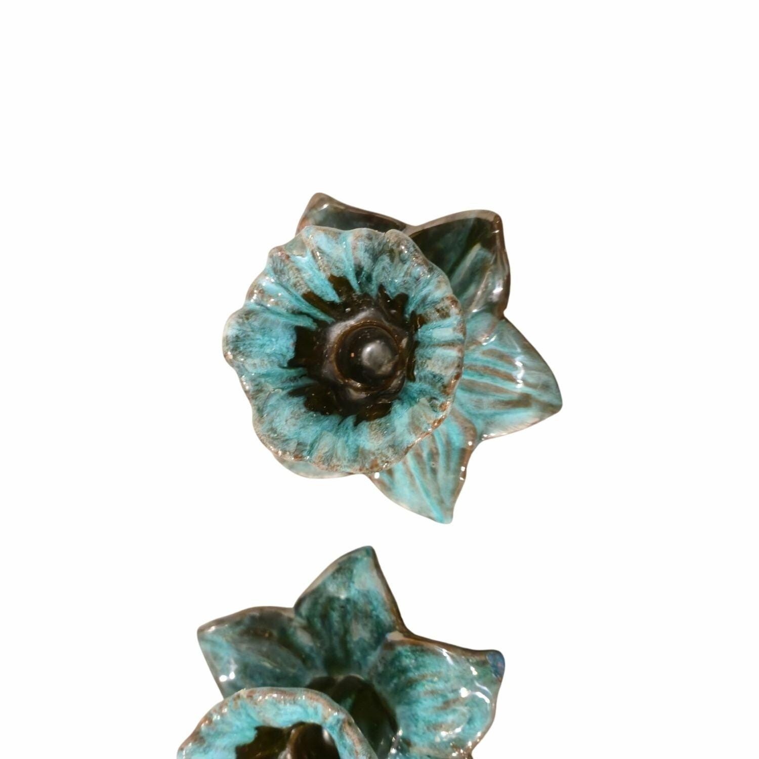 Vintage Pottery Candlestick Holders Daffodil Black turquoise Drip Glaze set of 2