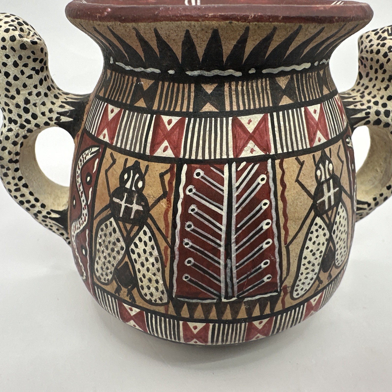 Peruvian Pottery Jaguar Handle Bowl Vase Hand Painted Insect Bird Vtg
