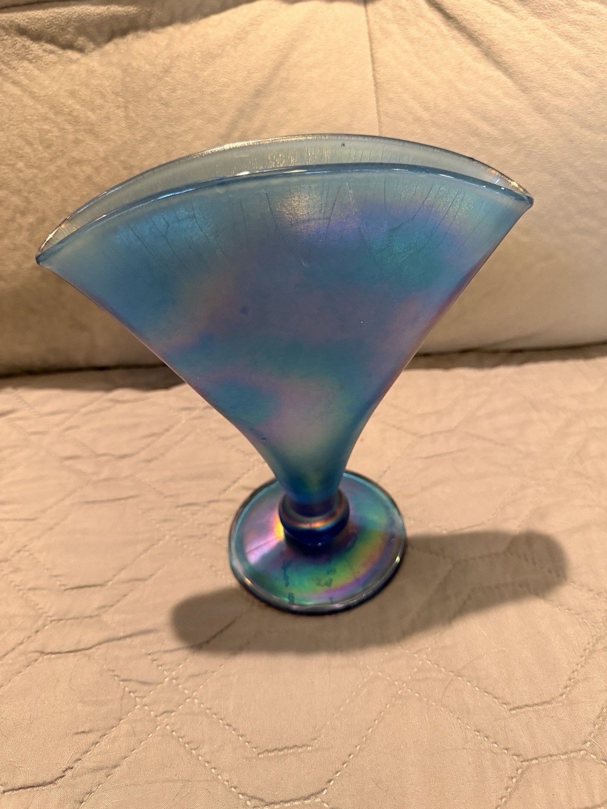 VTG Fenton Sapphire Blue Strech Carnival Glass Fan Vase Iridescent MMA 1993 USA