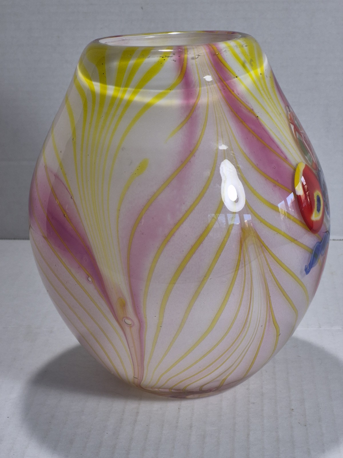 Vintage Murano Style Handblown Vessel W/Millefiori Pattern W/Pink And Yellow