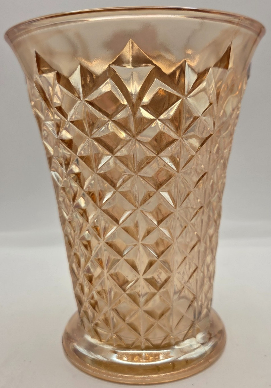 Vtg Indiana Glass Diamond Point Vase Marigold Carnival Glass Iridescent 9″ MINT