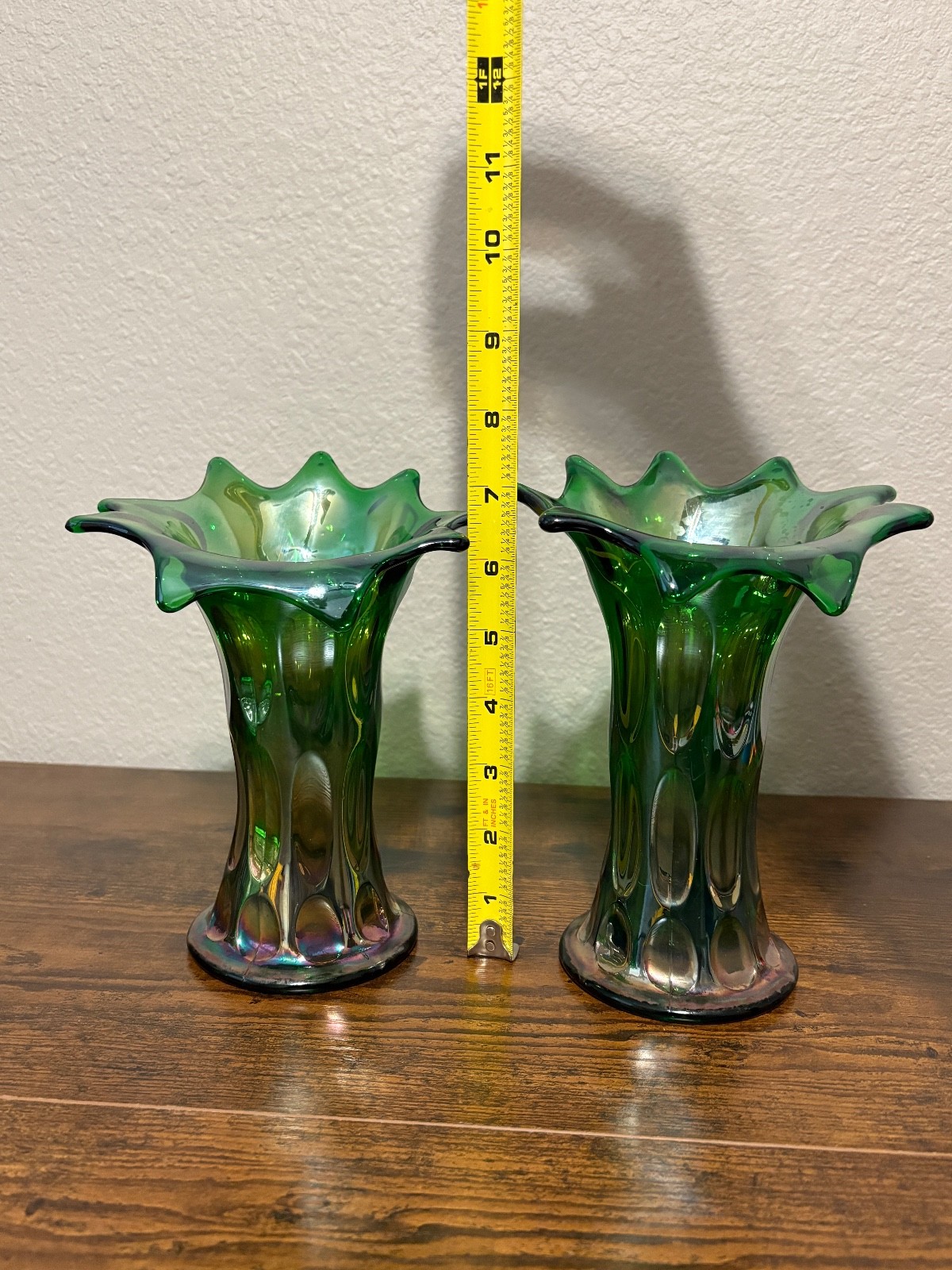PAIR Of ANTIQUE FENTON Green Iridescent LONG THUMBPRINT Carnival Glass Vases