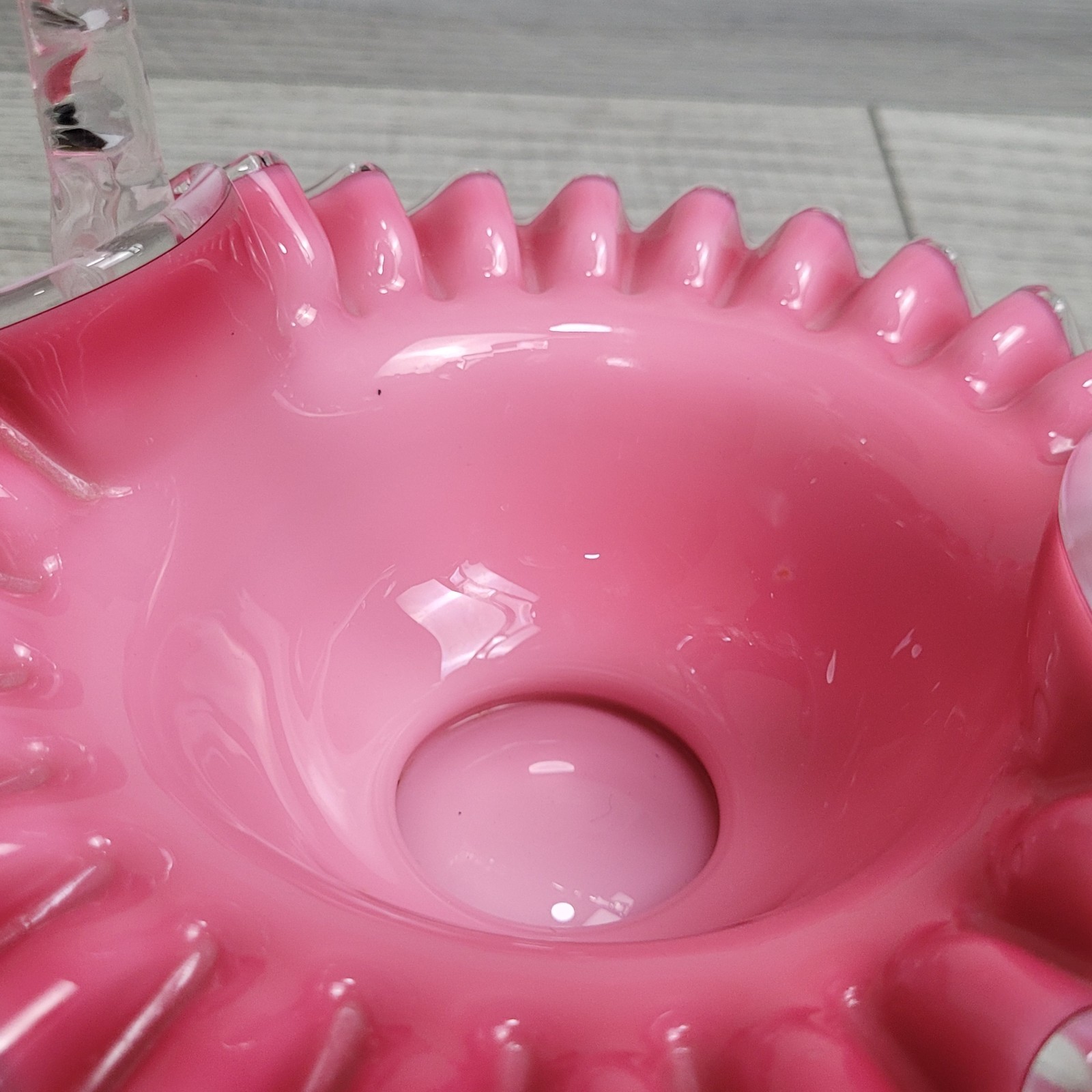 Vintage Fenton Peach Crest Glass Basket Pink White Milk Glass Ruffled Edge 1940s