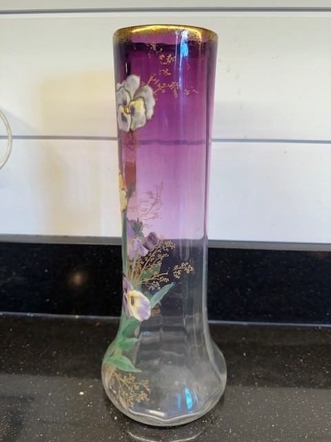 ANTIQUE GORGEOUS MONT JOYE LEGRAS FRENCH ART GLASS VASE WITH ENAMELED PANSIES