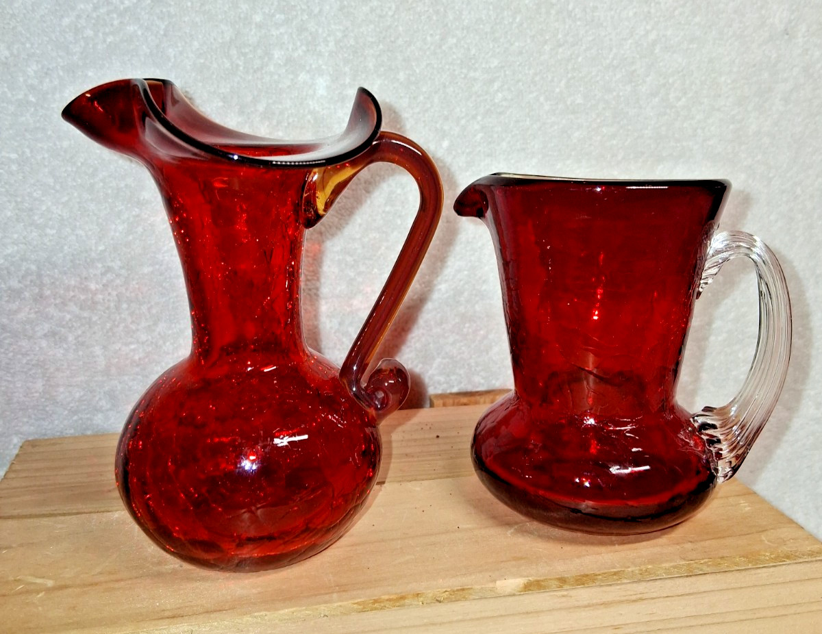 SET OF 2 PILGRIM RED CRACKLE GLASS MINI PITCHERS