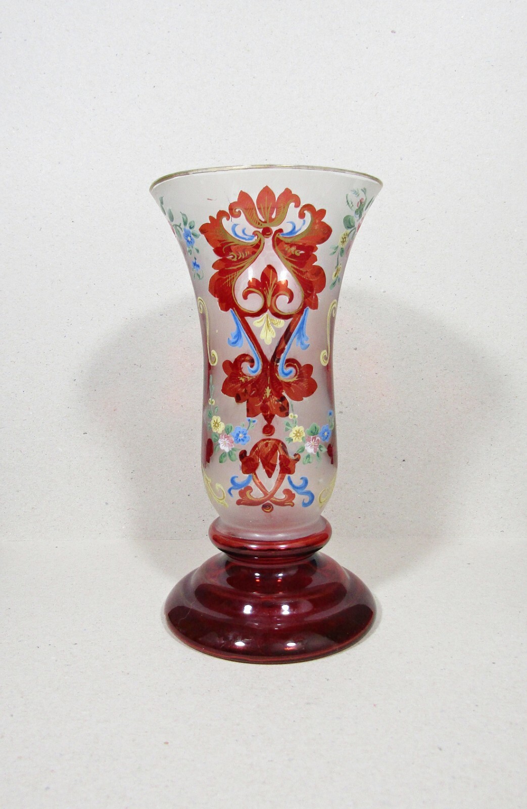 Vintage Hand-Painted Ruby Red Bohemian Glass Vase – Gold Trim, 7″
