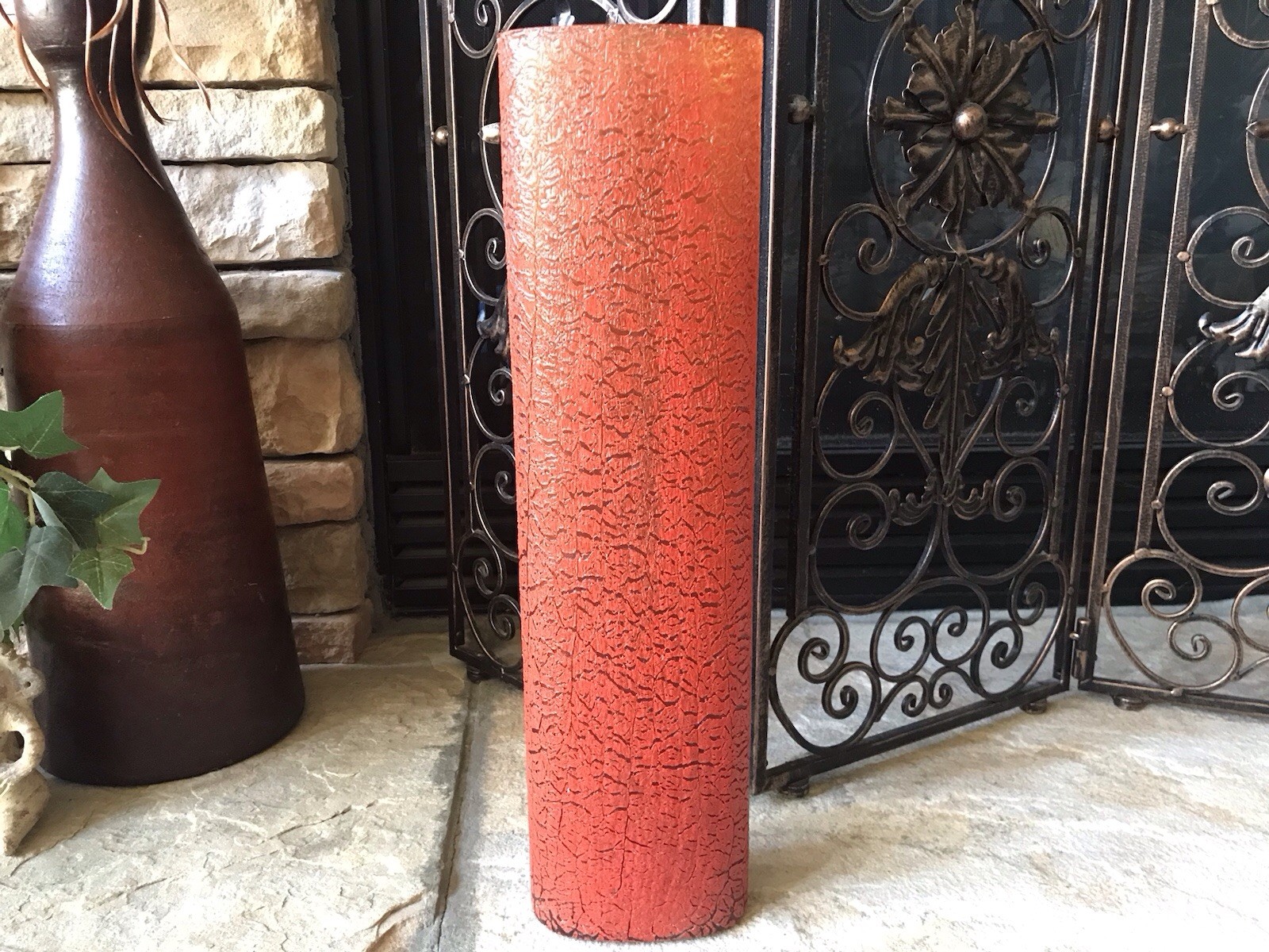 Vintage Orange Glass Vase Large Heavy Rare Amber And Red Textured Crackle Finish