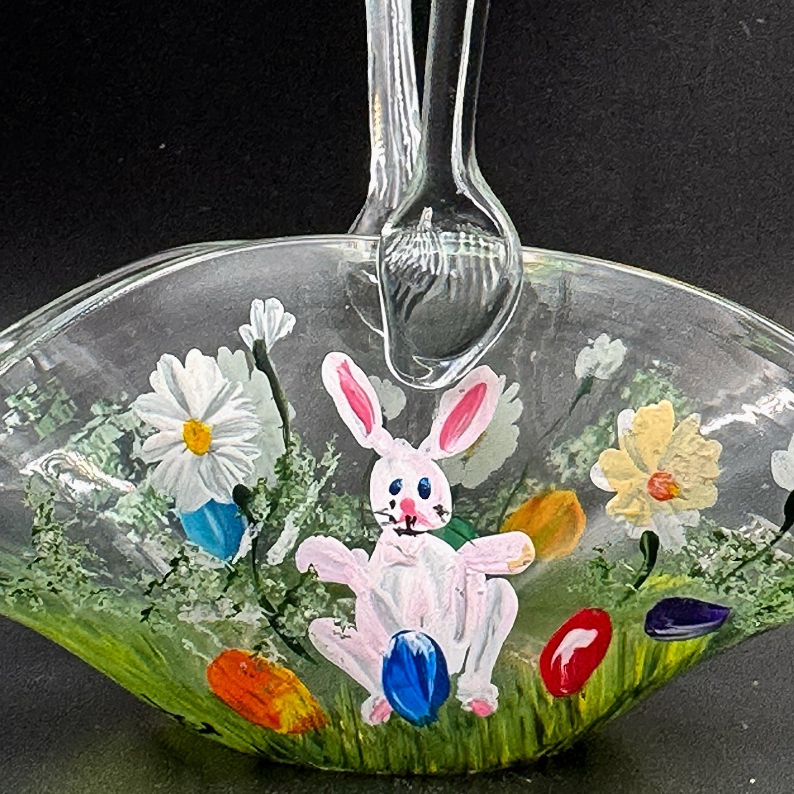 Vintage Hand Painted Signed Art Glass Easter Mini Basket Bunny Flowers Signed