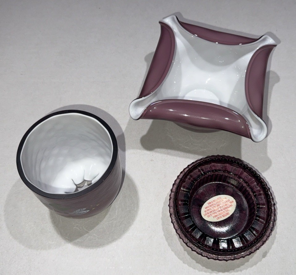 Fenton QVC “Sweetbriar” Glows Plum Purple Overlay 3pc Fairy Lamp D Barbour