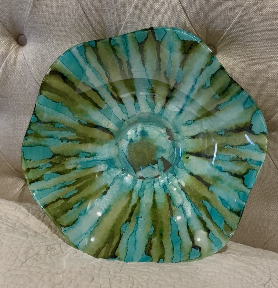 Large Fluted Art Glass Bowl Blue & Brown Abstract 16”Painted Back See Photos