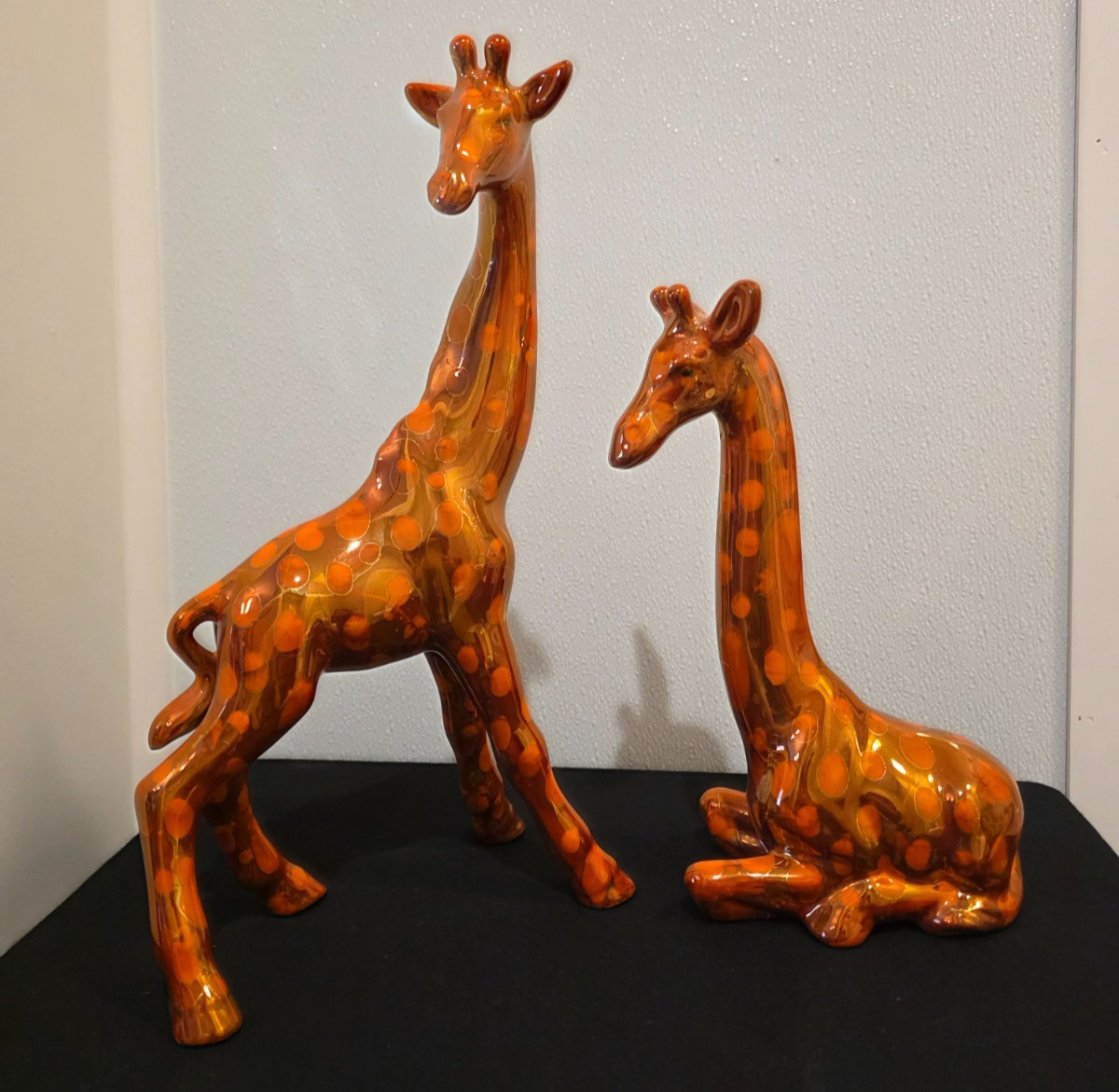 Vintage MCM Ceramic Giraffe Figurines Pair Orange Polka Dot Spots Glossy 15″ 11″