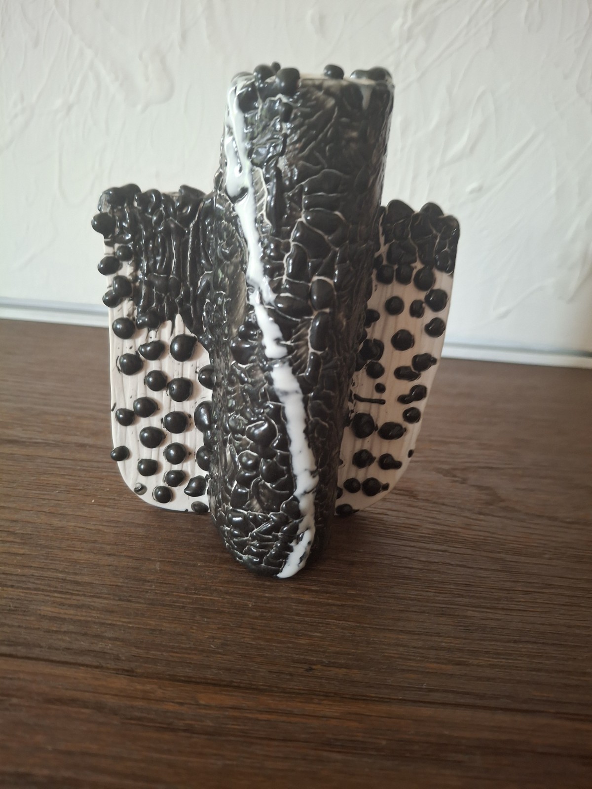 Studio Pottery Wall Vase Or Free Standing Black White Great Textured Glaze. Nice