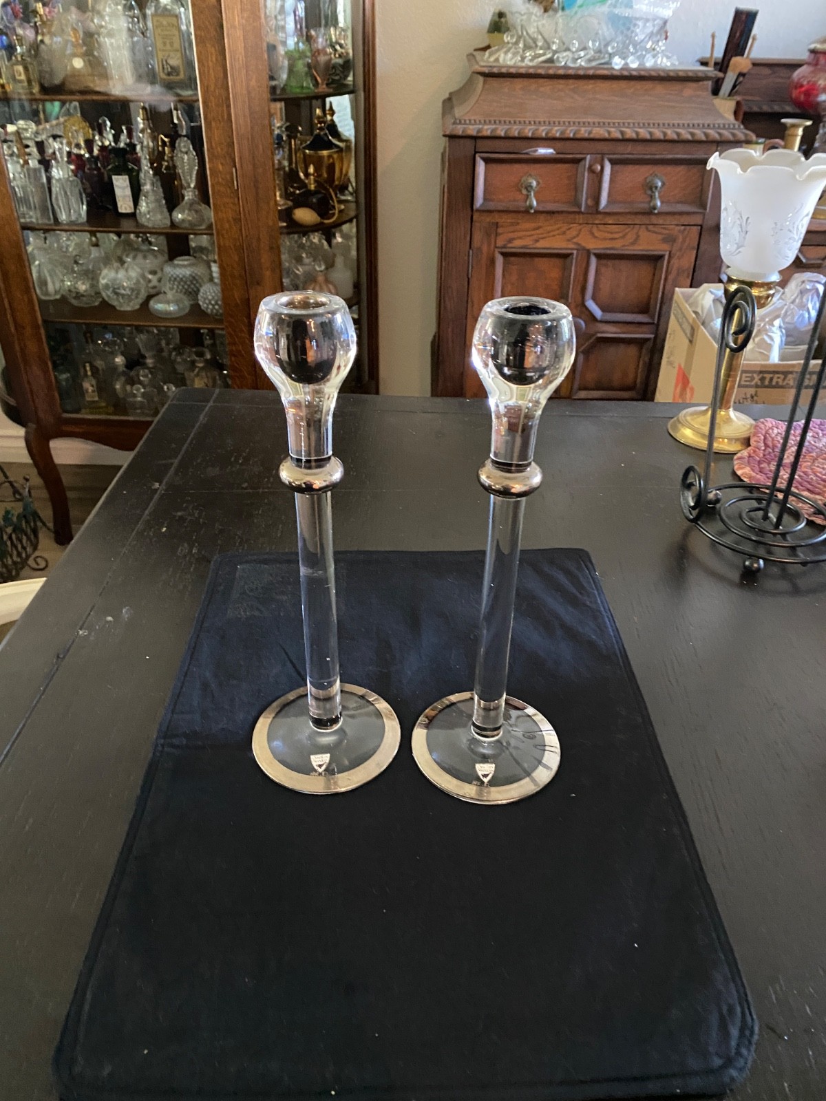 Orrefors Krantz “Celebration Silver” Crystal Silver O/Lay Candlestick Holders
