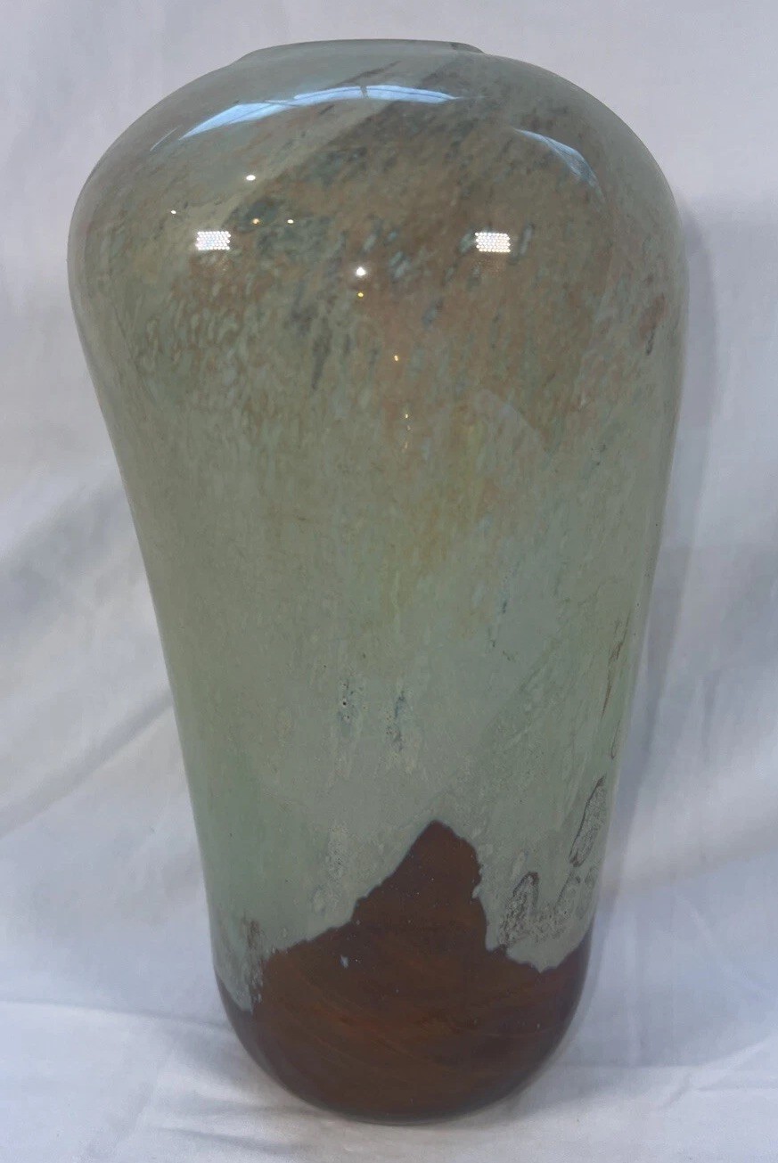 VTG 1974 Handblown studio art glass vase signed dated M Sumerak Green Brown 8.5”