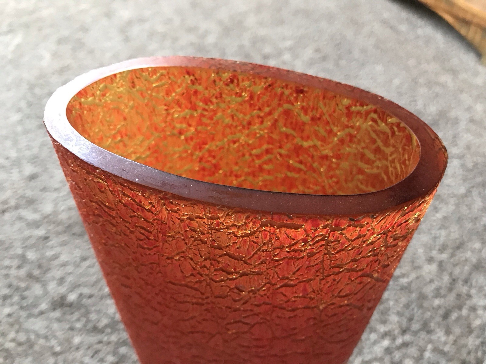 Vintage Orange Glass Vase Large Heavy Rare Amber And Red Textured Crackle Finish