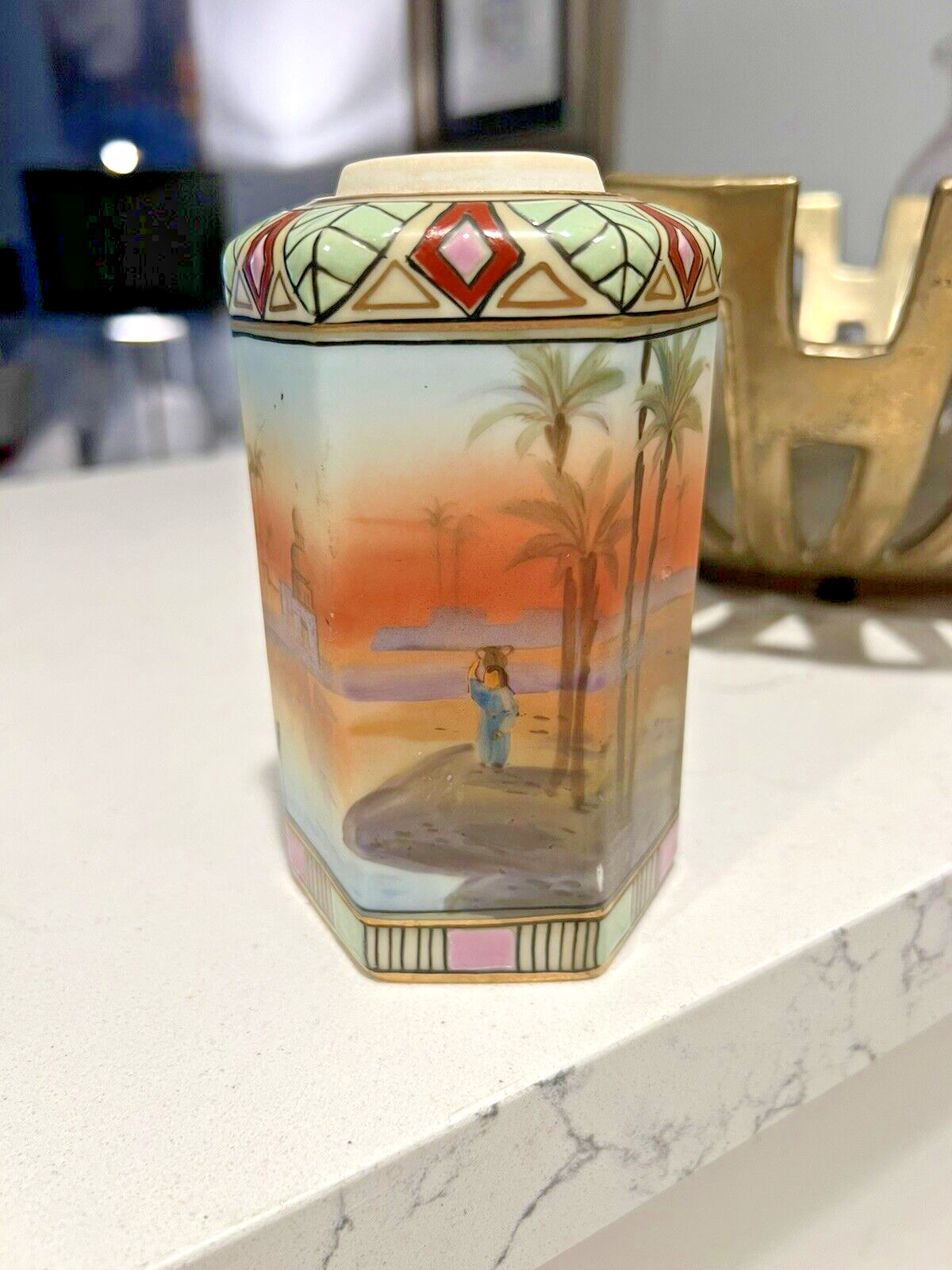 Nippon Porcelain Hand Painted Vase Figure was Palm Tree Must SEE !