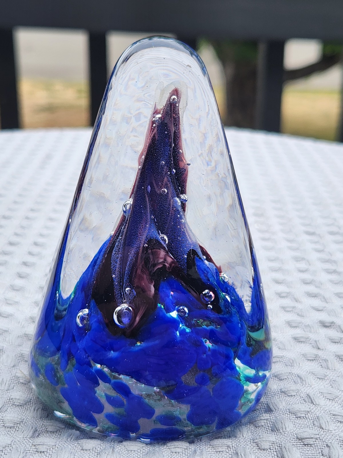 Art Glass Cone Paperweight Blue Clear Controlled Bubble Underwater Volcano *Read