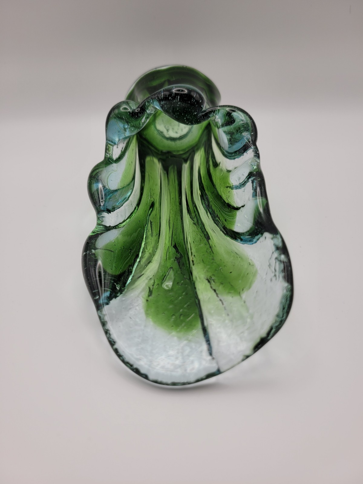 Vintage Swung Glass Vase Bohemian Style Hand Blown Green/Clear 6.5 in. Tall MCM