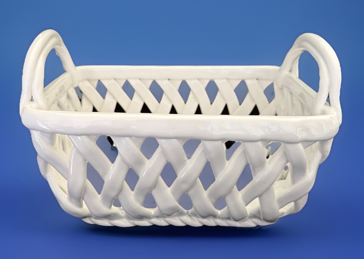 Graces Pantry White Braided Ceramic Basket Woven Decorative Fruit Bowl Handles