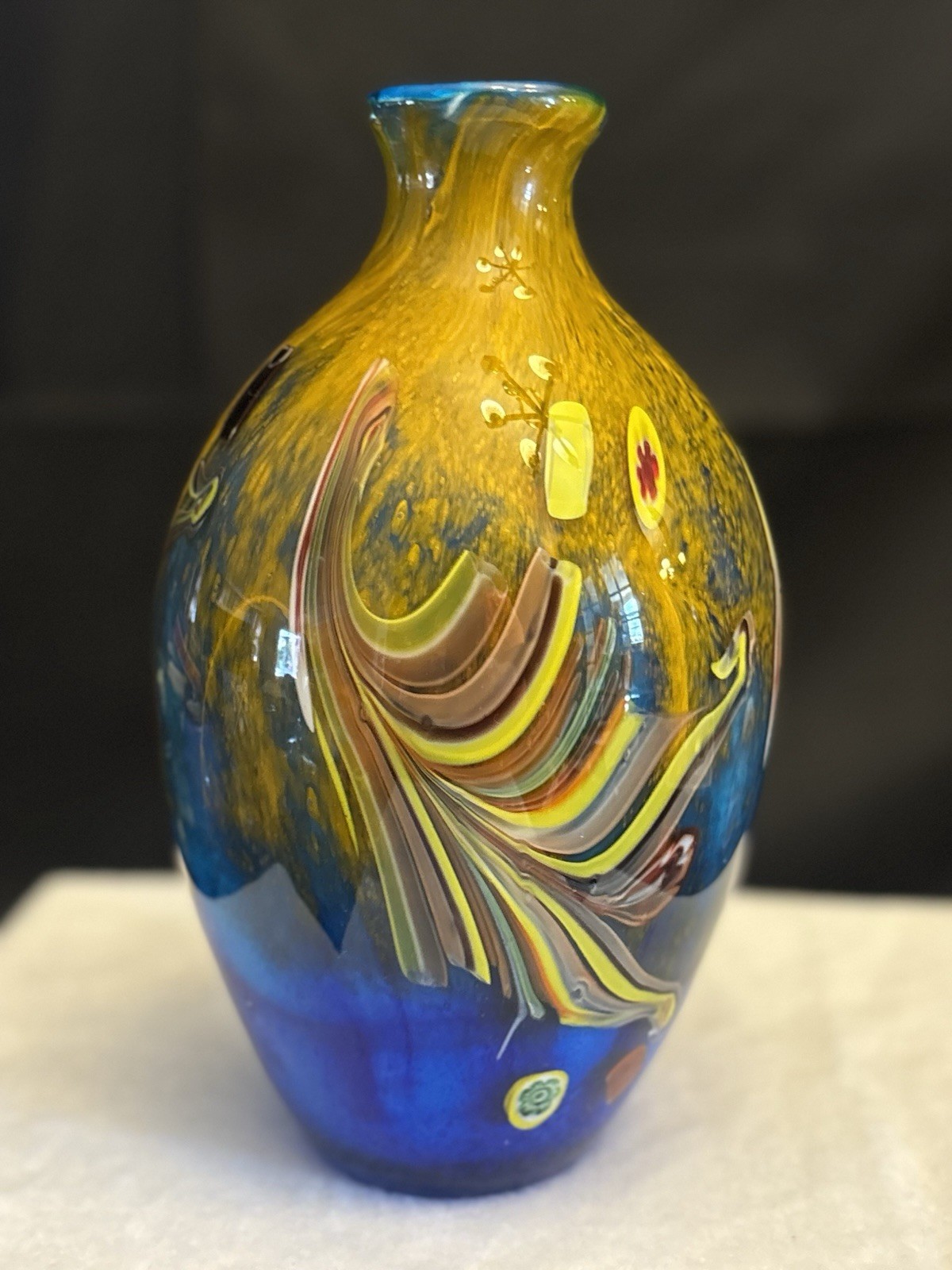 Vintage Murano Style Blown Art Glass Vase Colorful Peacock Feather Motif