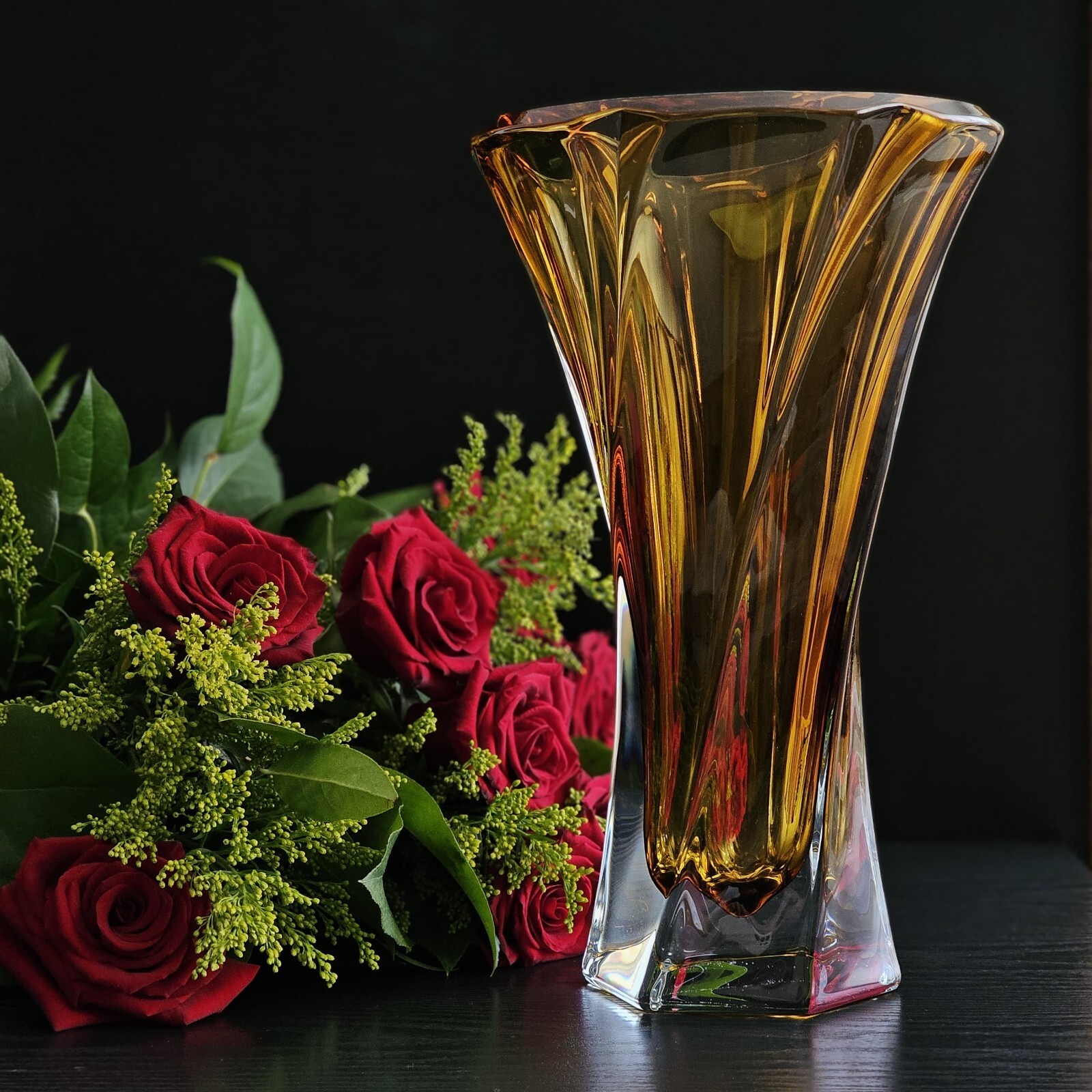 Bohemia Crystal 12.5” Height Flower Vase ‘Mozart’ Amber