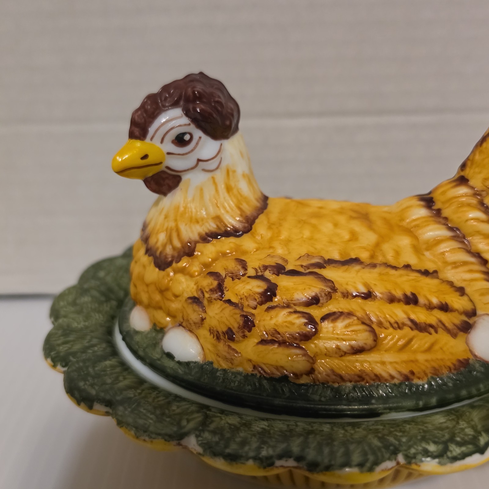 MOSSER Hand Painted Milk Glass Hen On Nest with Signature