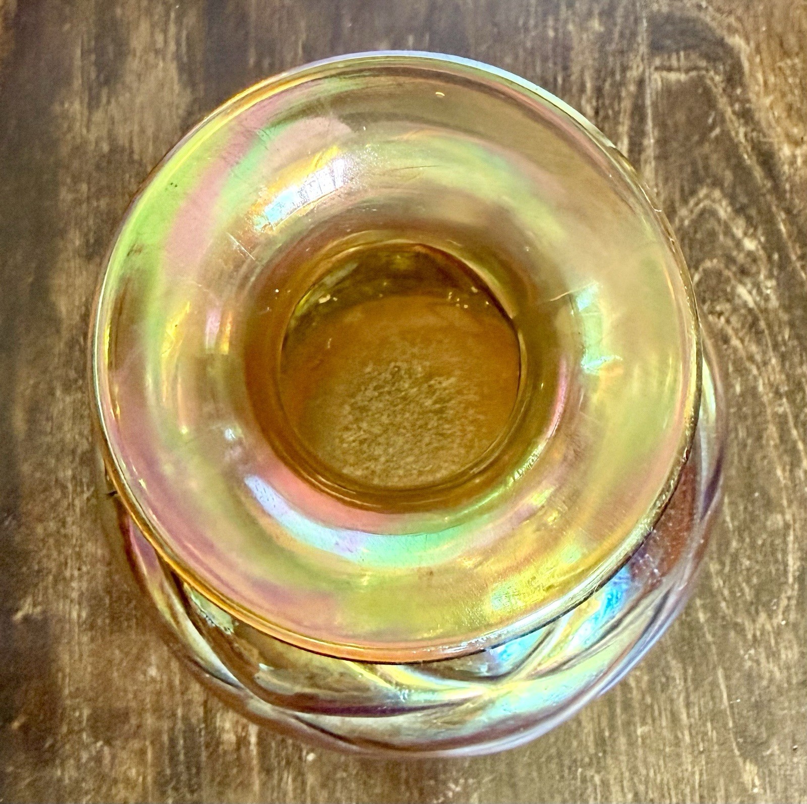 Silvestri Mouth Blown Iridescent Glass Vase Copper Cuff Brutalist Italian 7″