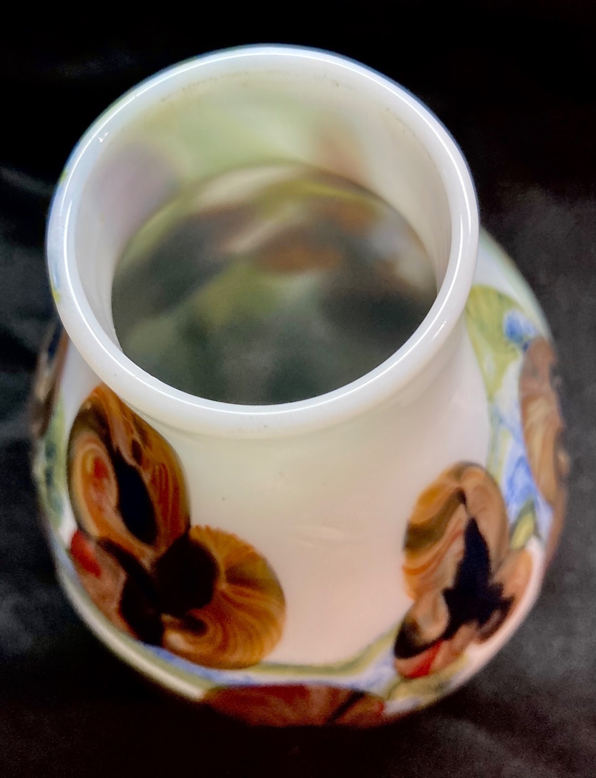 George J. Thiewes hand blown studio art glass bottle vase, floral, 7.5″