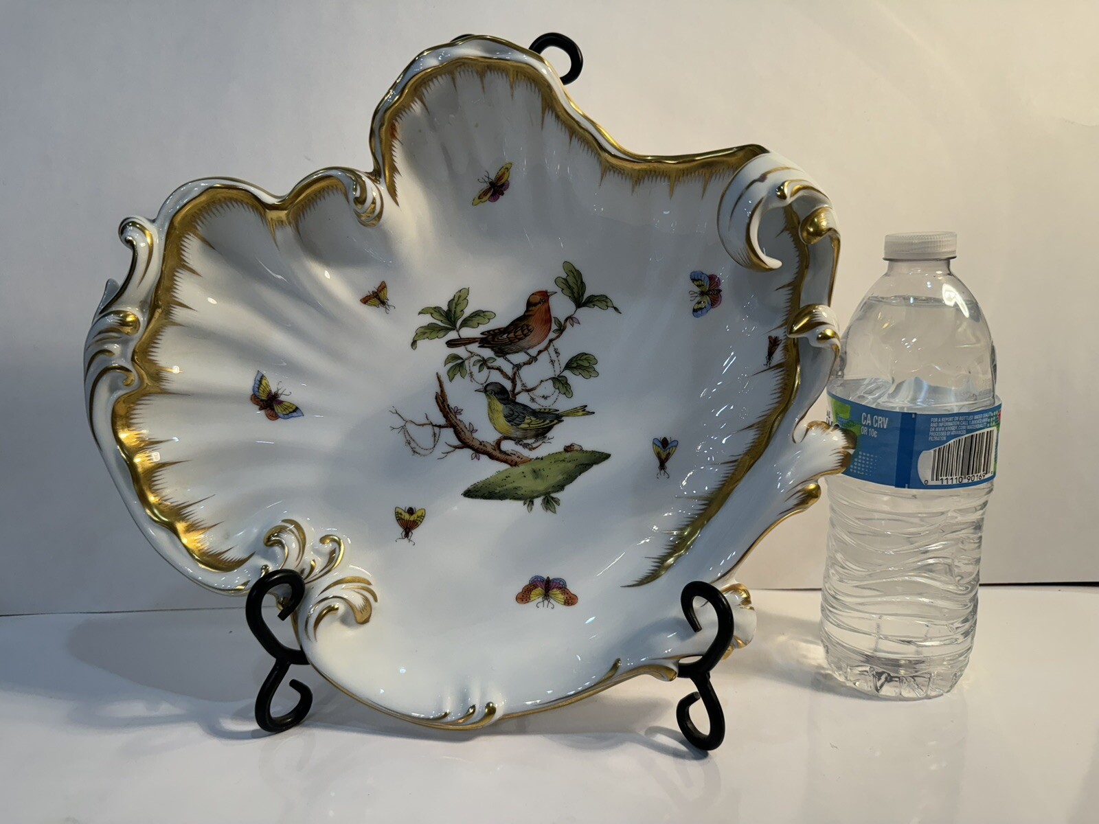 VERY RARE Large 12” X 10” Herend Rothschild Bird Scalloped Shell Dish Bowl