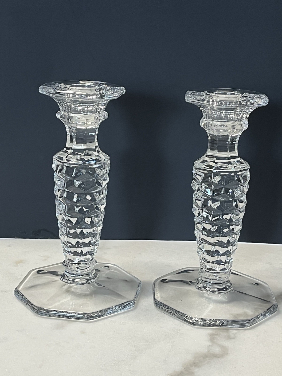 Vtg Fostoria American Cube Cubist Depression Glass 6.25″ Candlestick Holder Pair