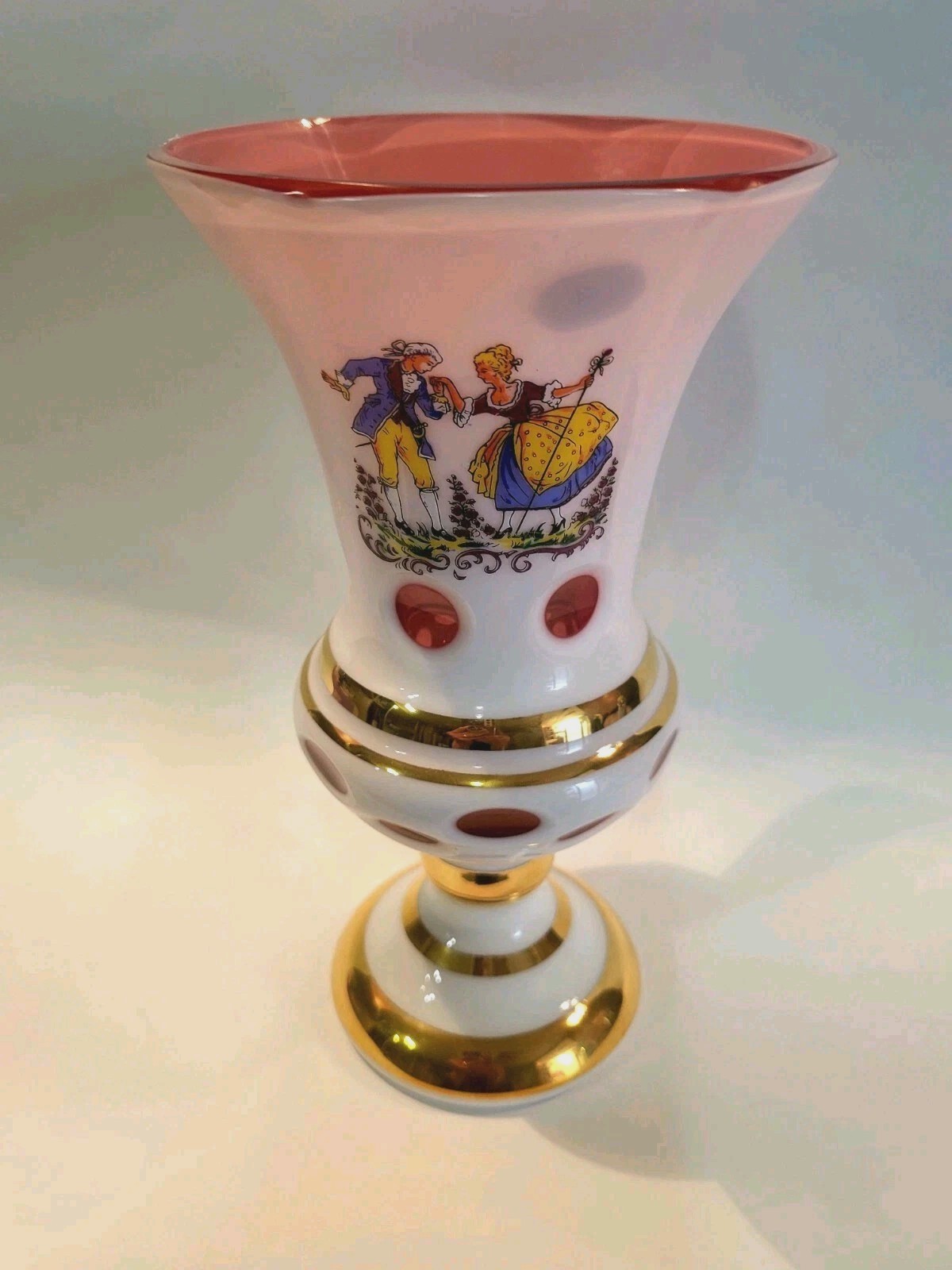 Bohemian PINK WHITE CASED GLASS Cut To clear VASE HOLLYWOOD REGENCY