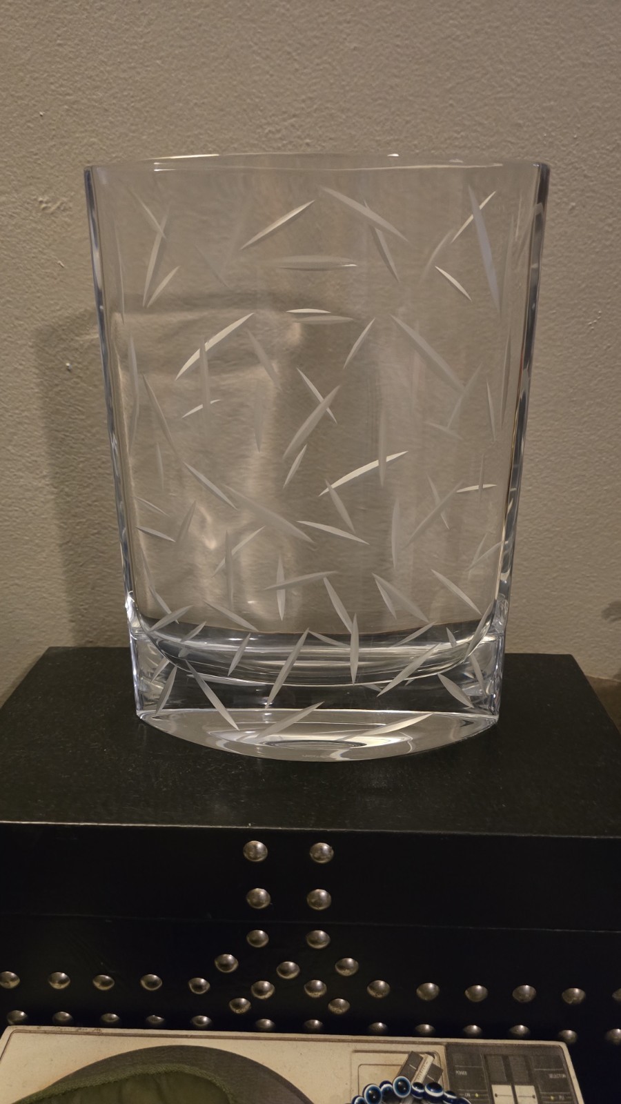 Vintage MOTUS Glass Etched Vase Used 9.5 x 7.0 x 2.5 Inches