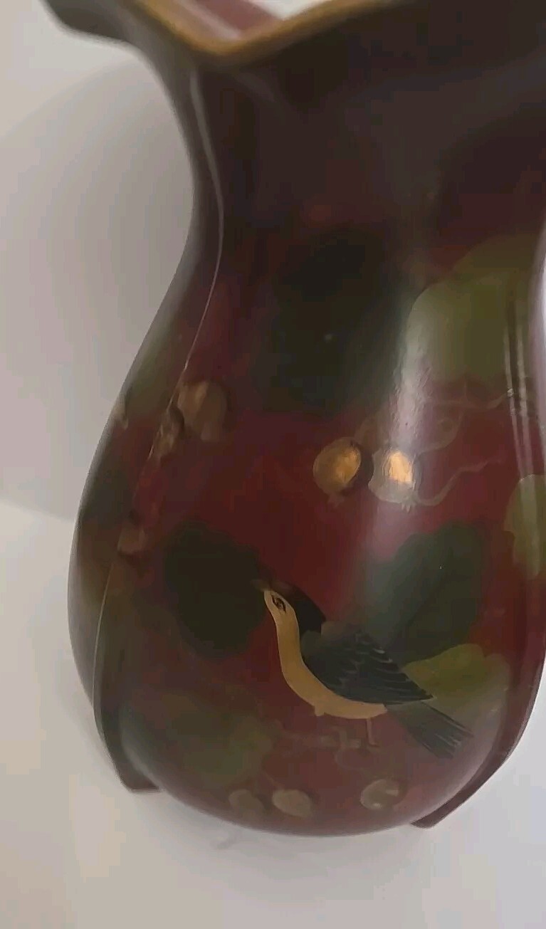 Andrea by Sadek Red Gold Ceramic Large Vase Birds Floral Print 12″
