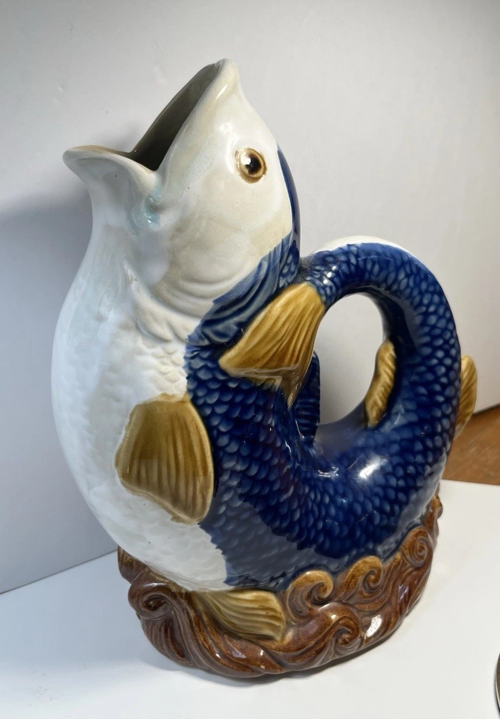 Mid Century Majolica-style Carp Koi Pitcher Or Vase Vintage Mediterranean