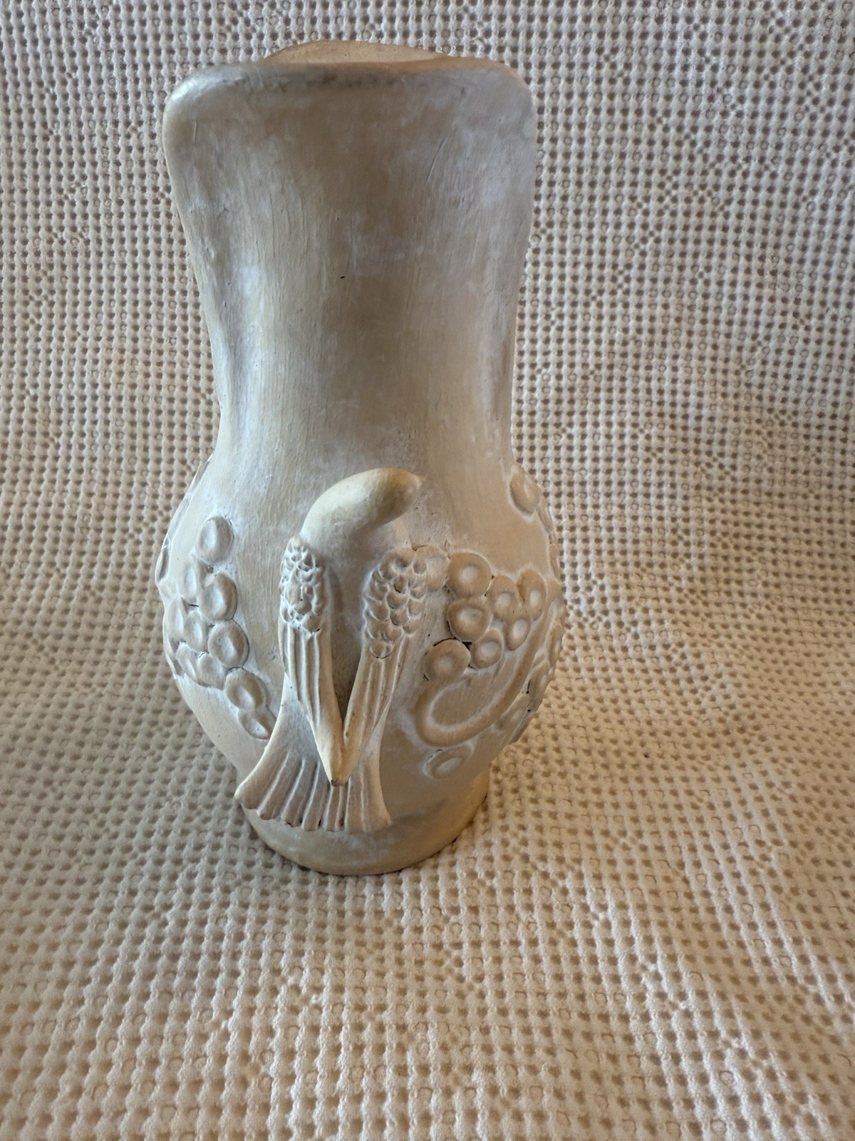 Whitewashed Terra Cotta Vase Morning Doves, Grapes Decorative Art