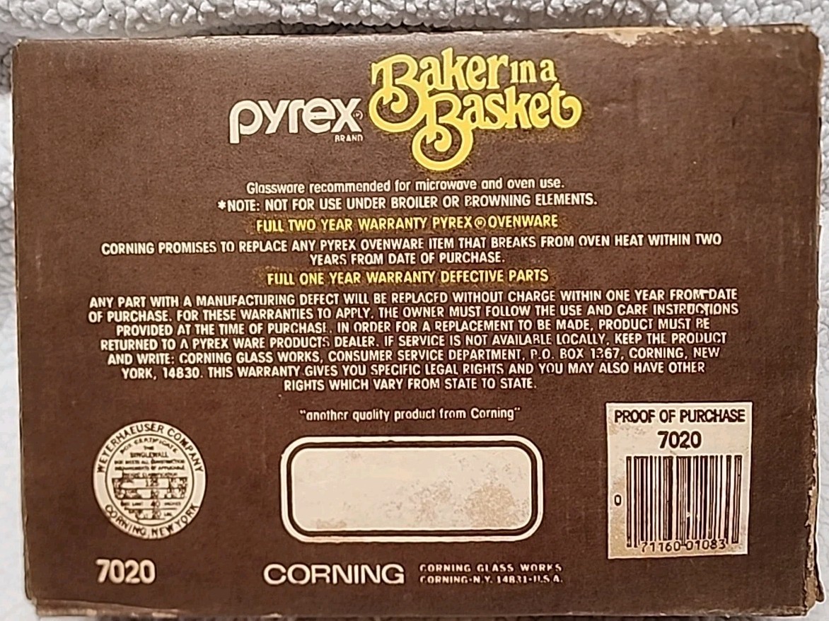 Vintage Pyrex 7020 Baker In A Basket 2QT Baking Dish & Woven Basket In Box New