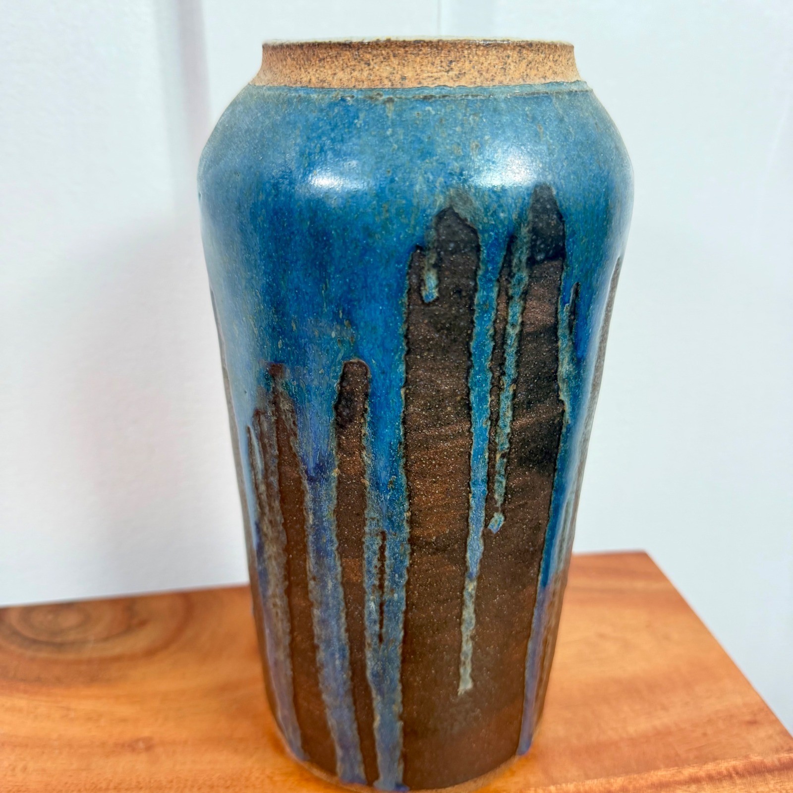 VTG Studio Pottery Blue Drip Glaze Stoneware Vase Hand Thrown Ceramic Art Decor