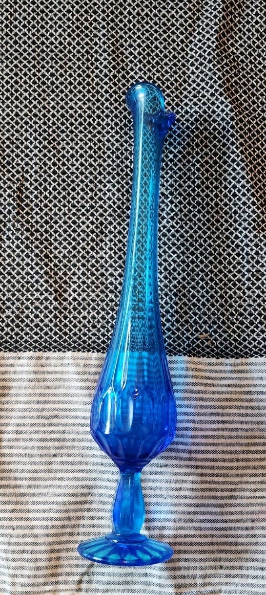 Vintage 12″ Fenton Sapphire Blue Glass Thumbprint Swung Bud Vase
