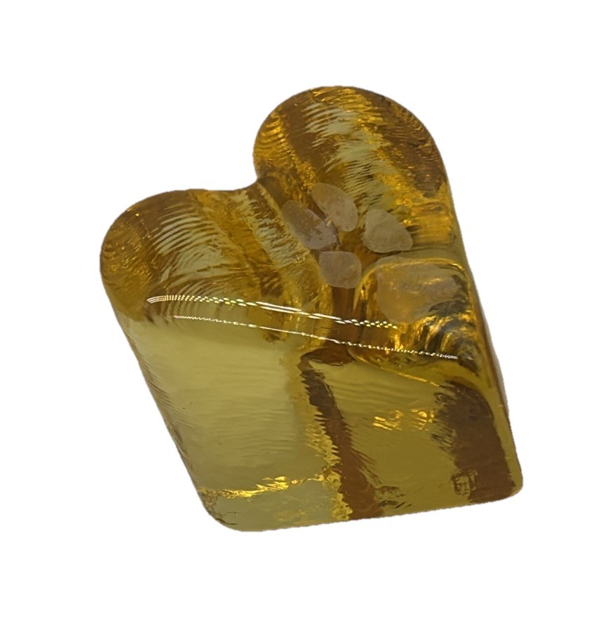 FIRE & LIGHT Citrus Yellow Recycled Glass Heart Paper Weight Etched Paw Print