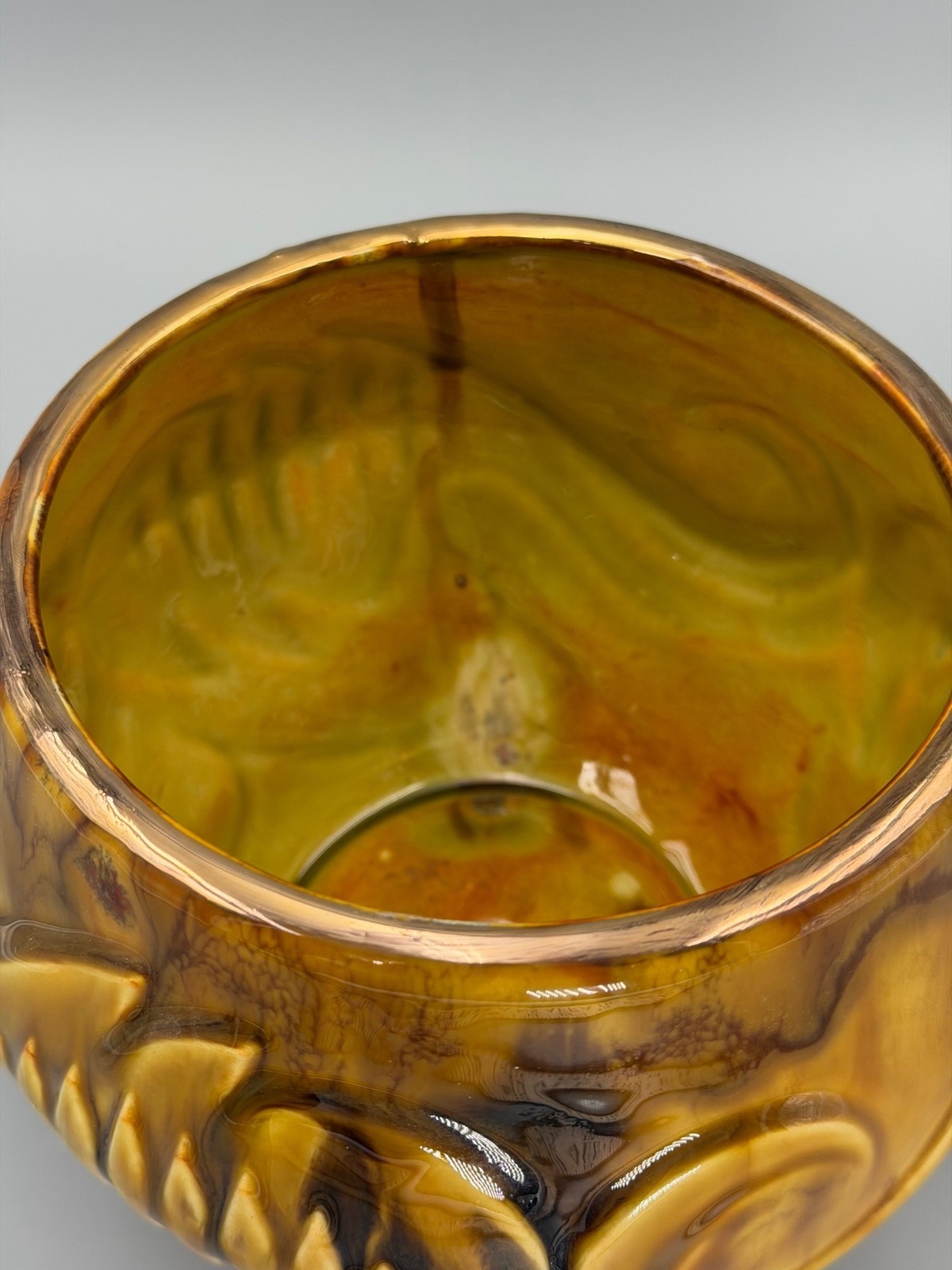 Vintage Brown Yellow Ceramic Glass Vase Bowl Planter Raised Signed Gold Rim