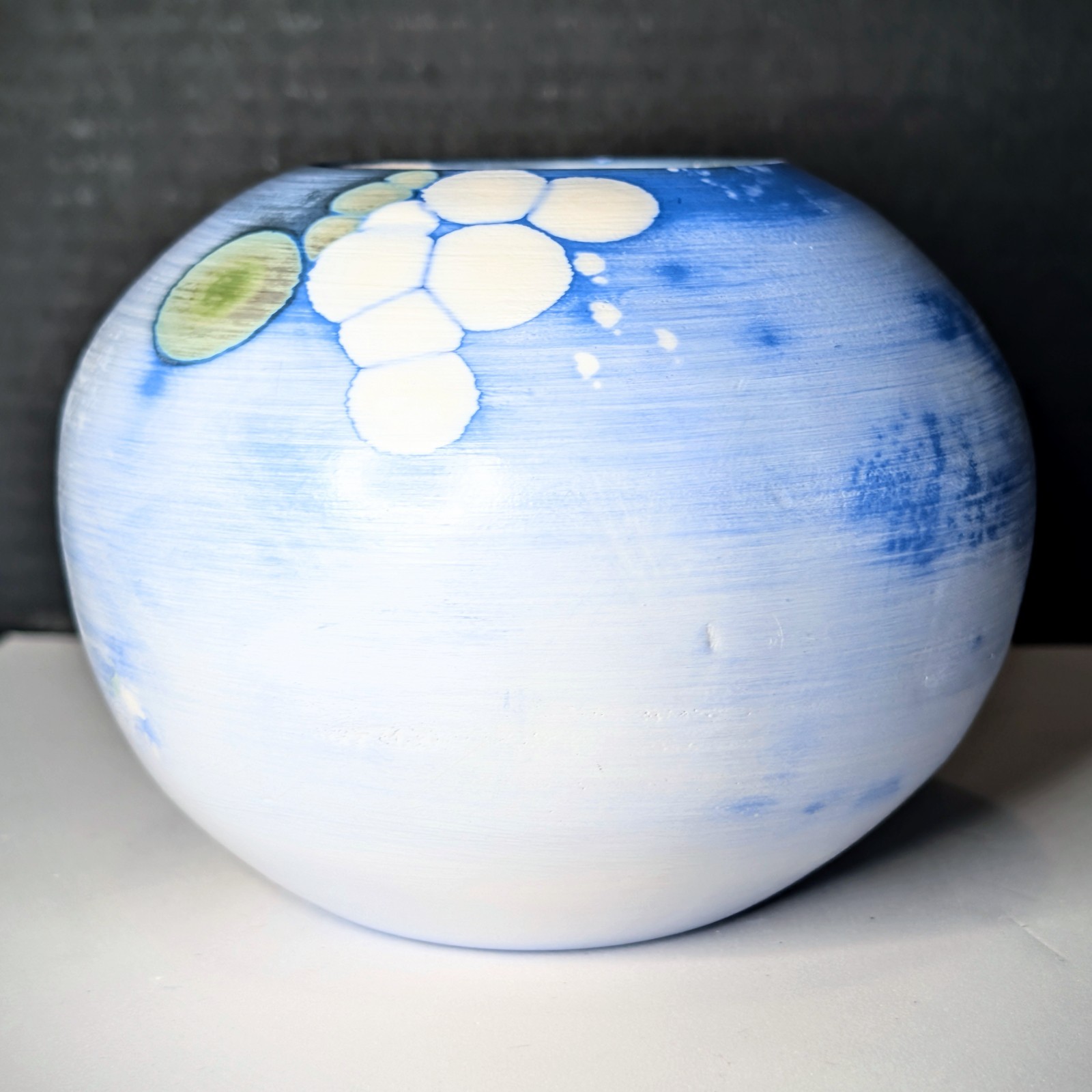 Small Lavender & Blue Crystalline Vase Milky White Glaze Blue Feathering & Drips