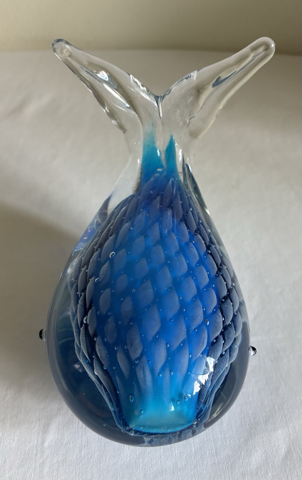 Murano Style Blown Art Glass Whale Lite Blue & Clear Paperweight Figurine 5″