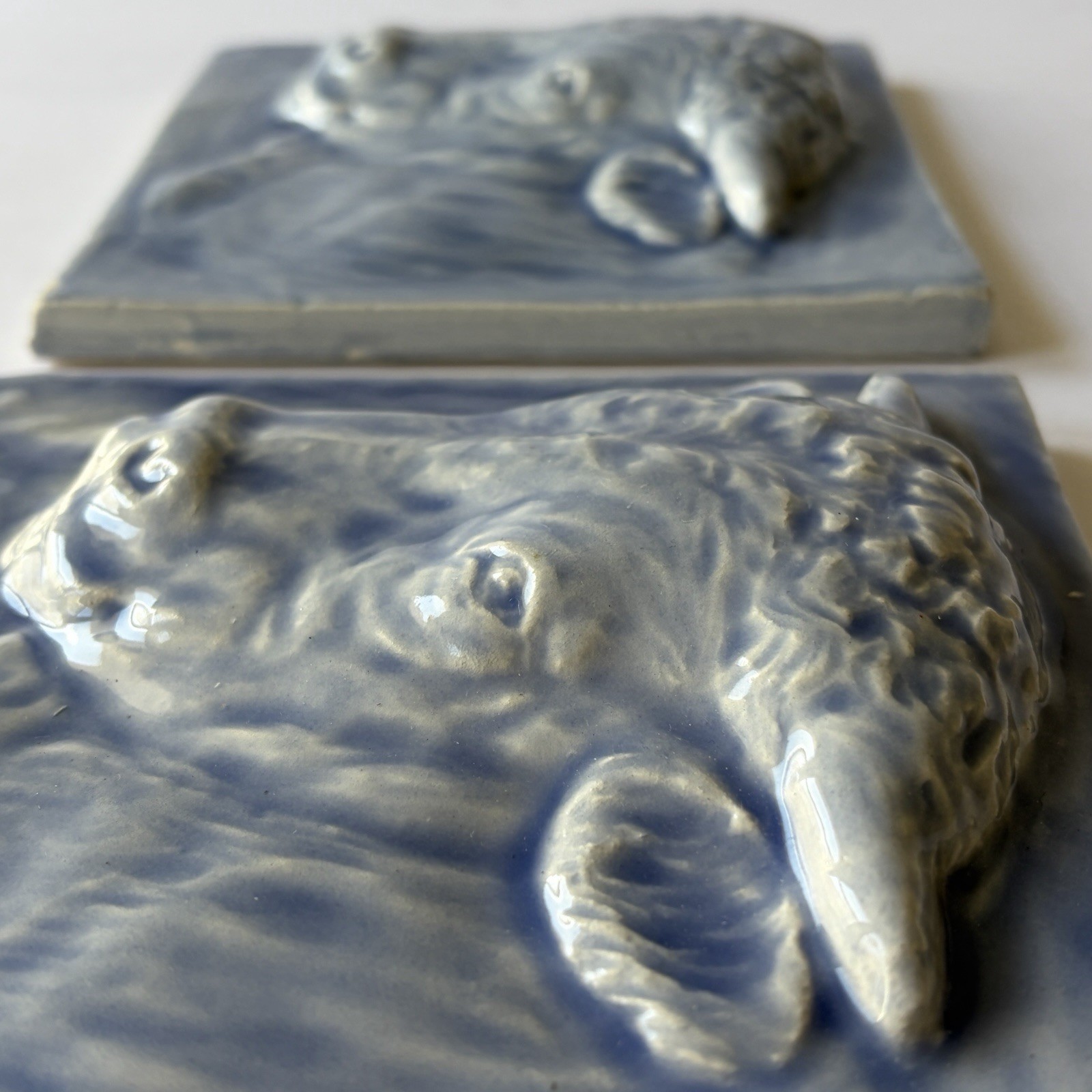 Pair Blue Glazed Bull Relief Tiles 6×6 Art Pottery Ceramic Wall Plaque Vintage
