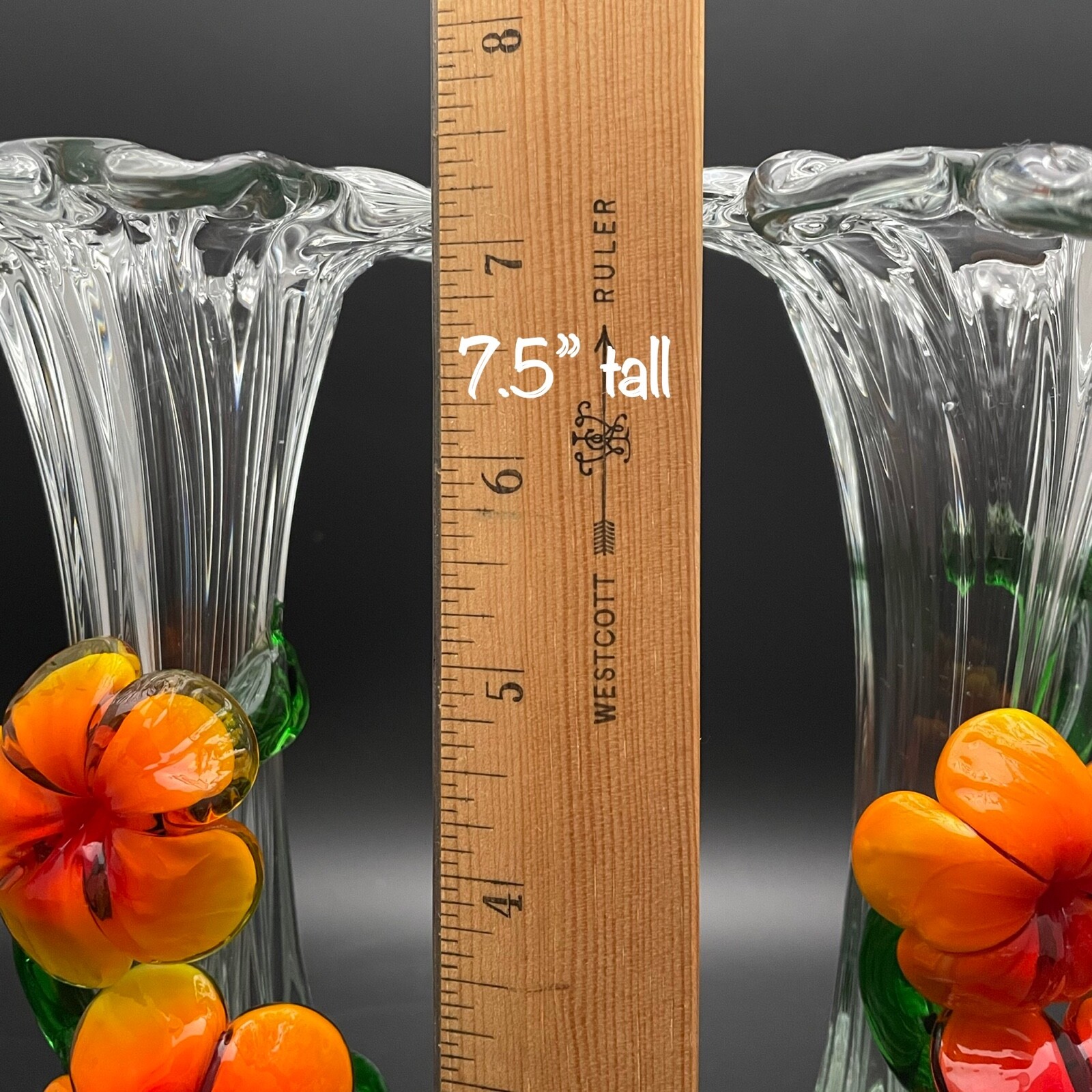 Art Glass Ruffled 2pc Handcrafted Vase Set w/Applied Flowers c1960s Italy 7.25″t