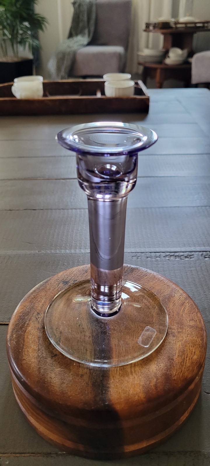 Set Of 2 Handmade Hand Blown Art Glass Purple/Clear Candlestick, Czechoslovakia