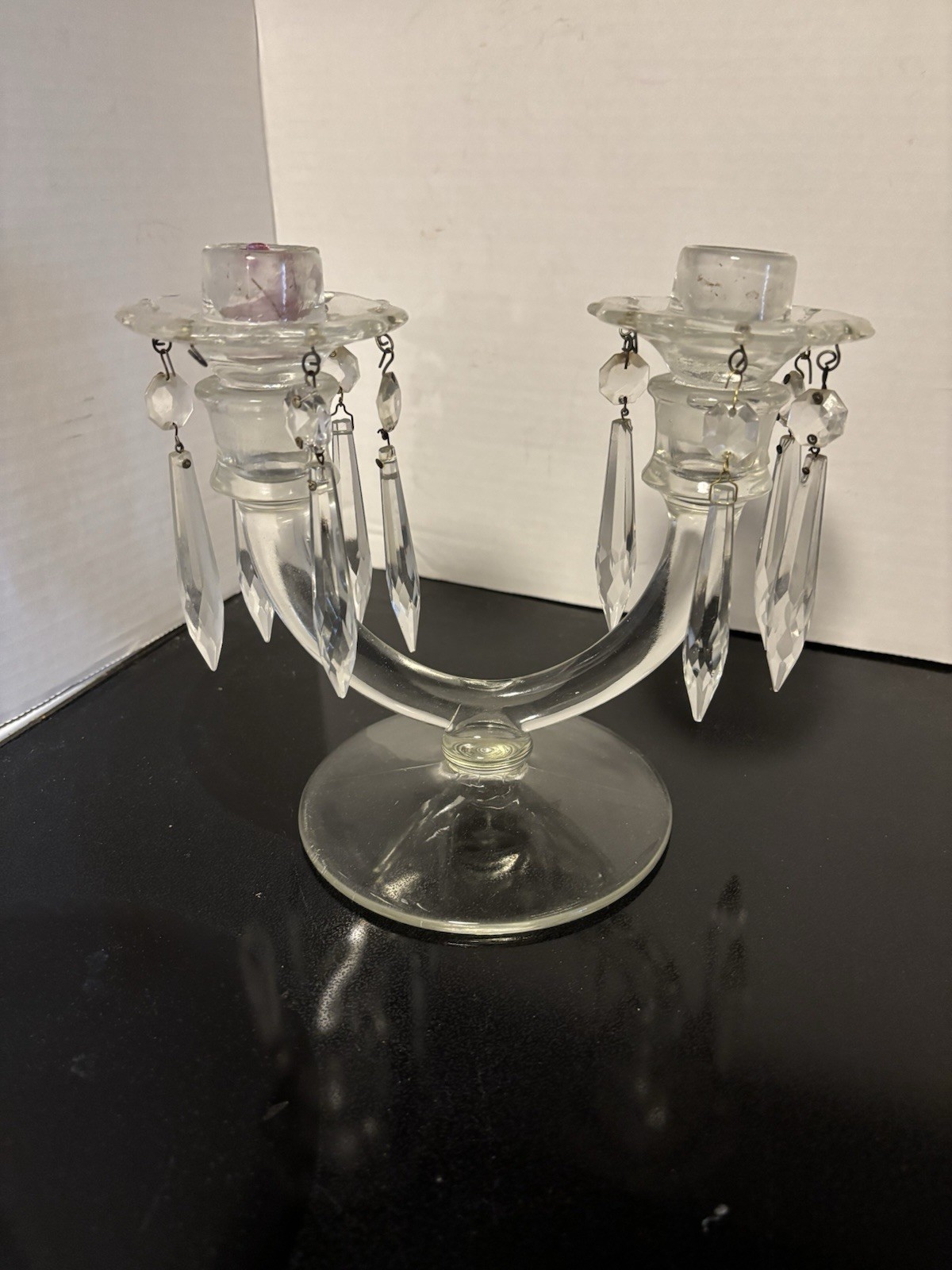 Fostoria Double Arm Crystal Candelabra with Bobeches & Prisms – Art Deco VTG