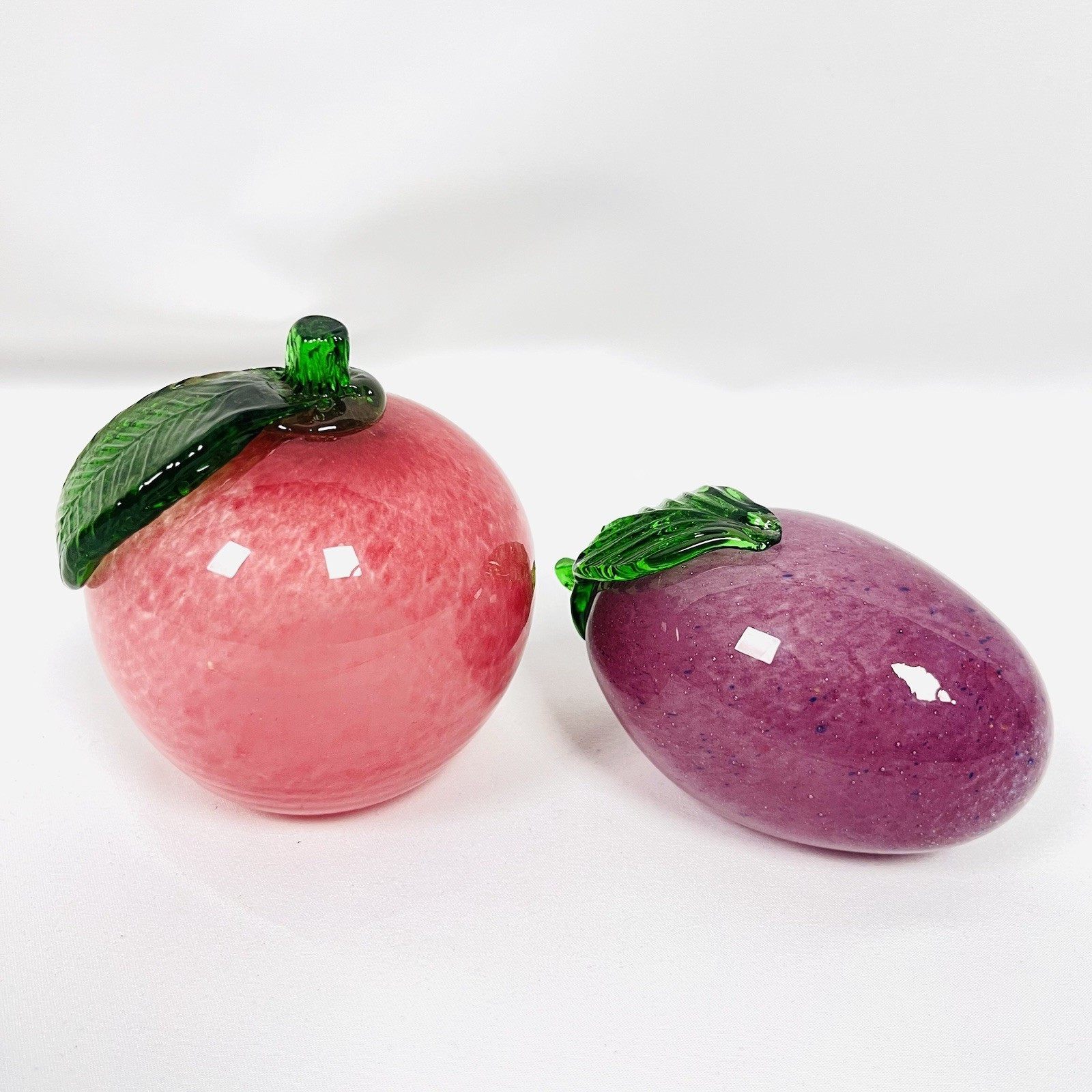 Hand Blown Art Glass Apple & Plum Paperweights Fruit Figurines Decor Set of 2