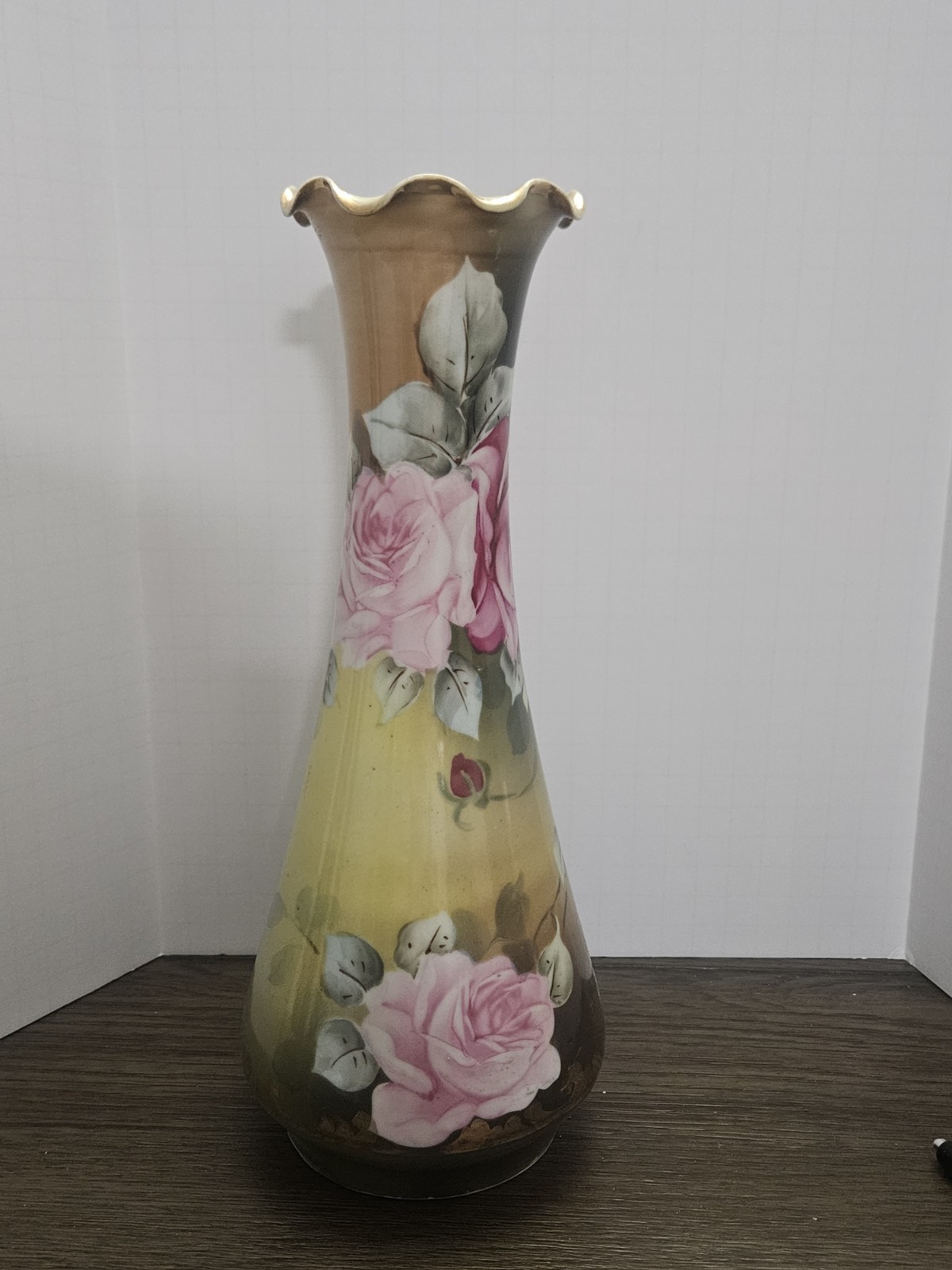Vintage Nippon Porcelain Hand Painted Rose Vase 12in