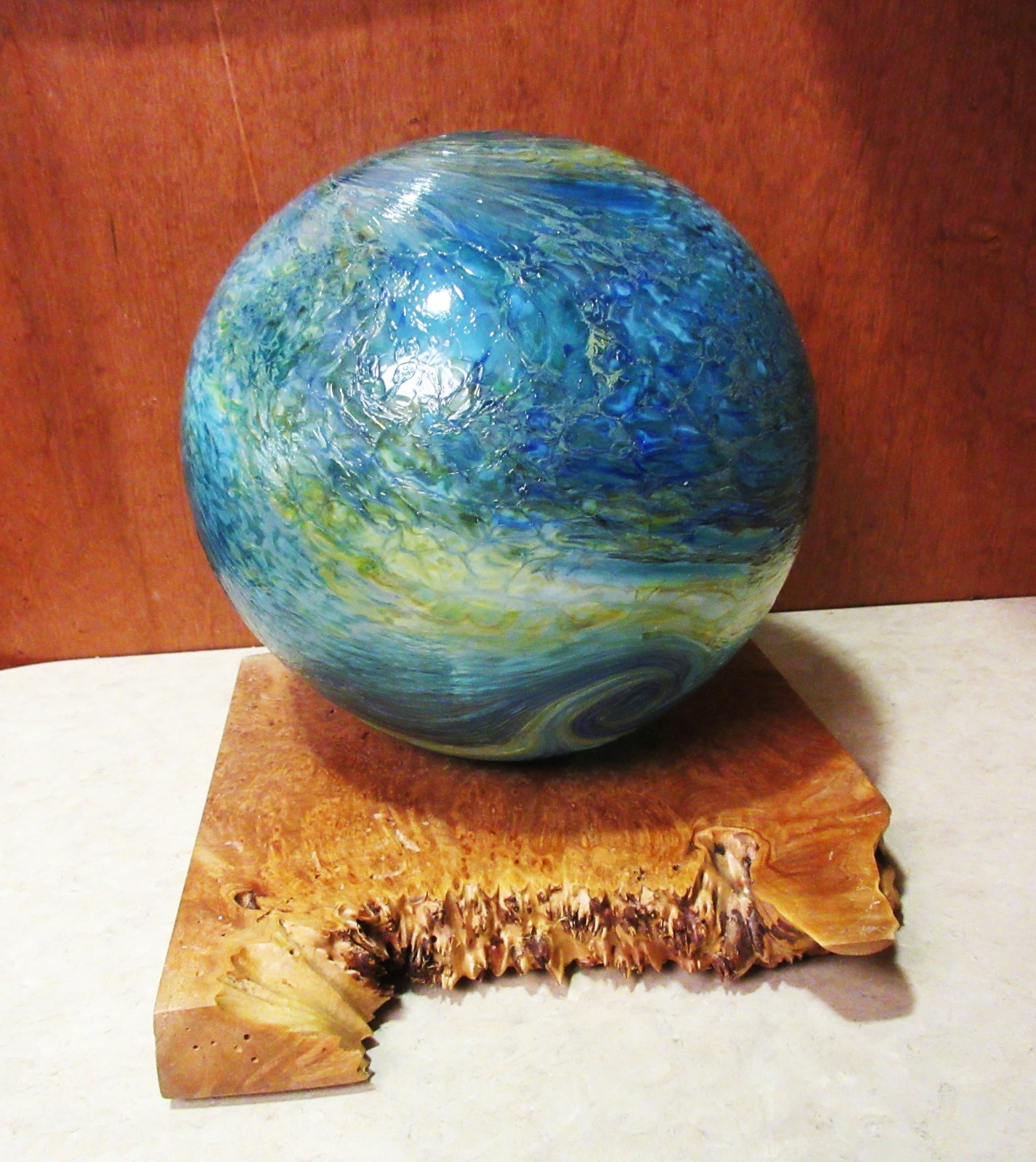 Large Hand Blown Glass Sea Float Blue Swirls 8″ with Wood Stand – Made in Oregon
